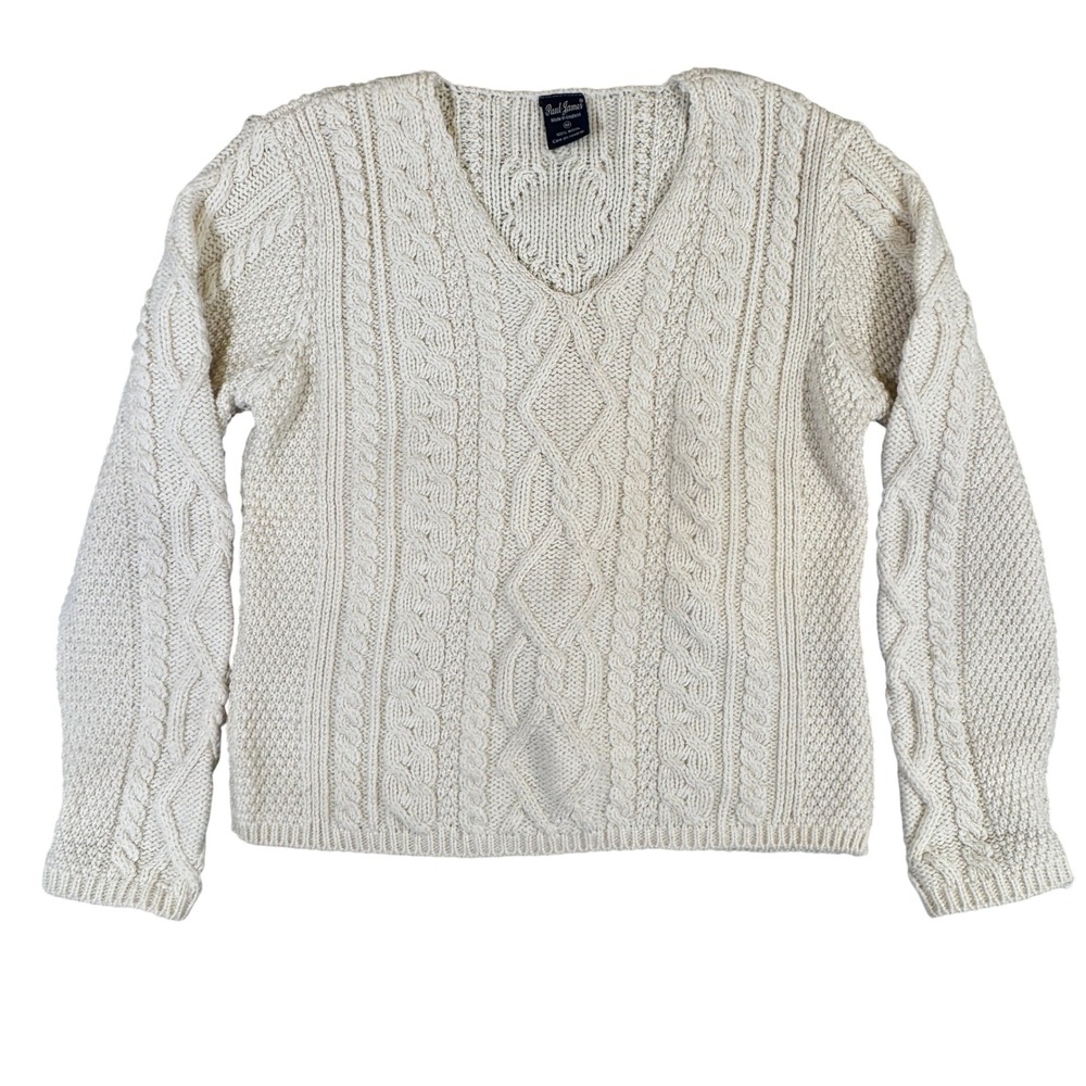 Paul James Made in England 100% Wool Cable Knit V-Neck Sweater Cream Womens M